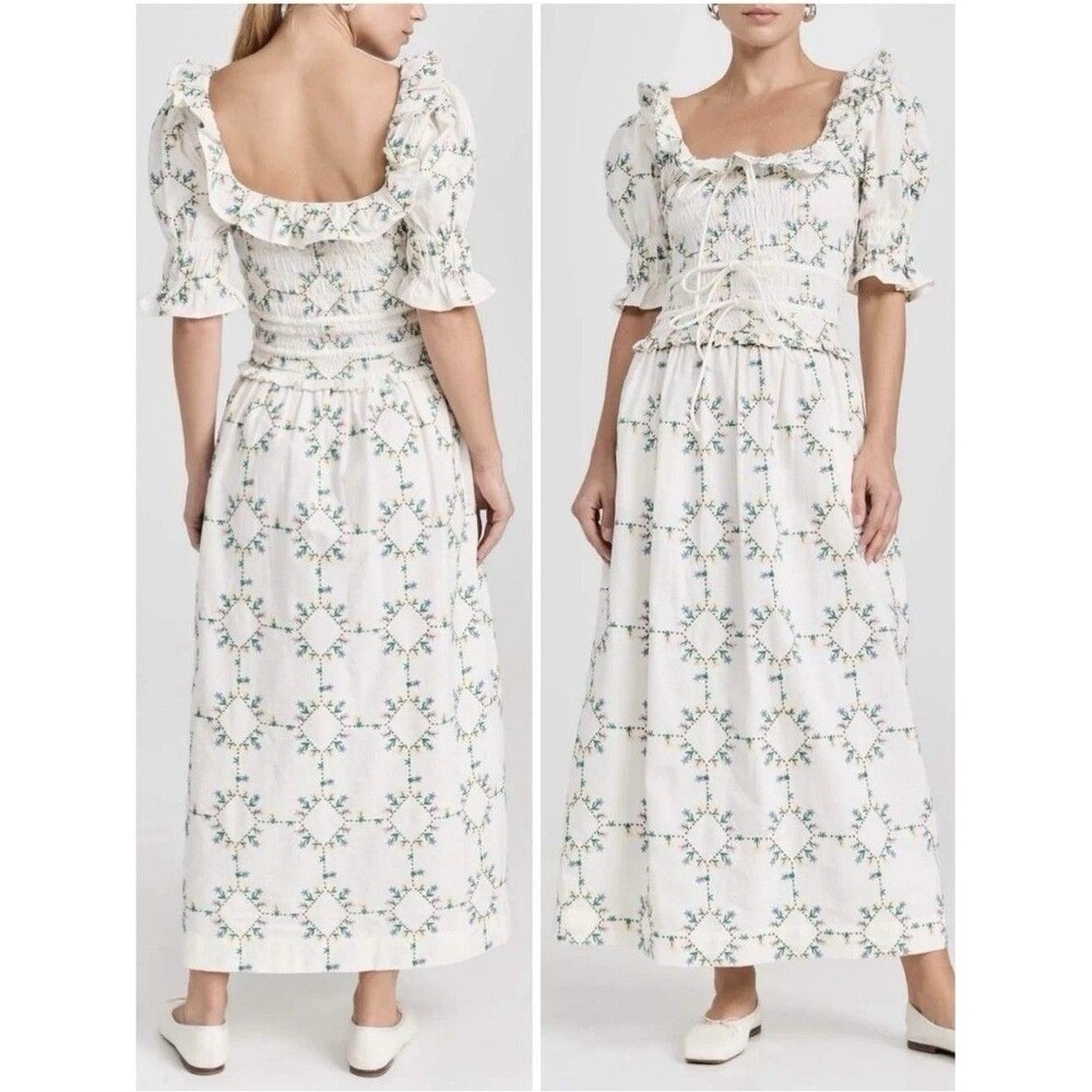 Damson Madder Dress Size 6 White Heidi Embroidered Midi Smocked Cotton Linen